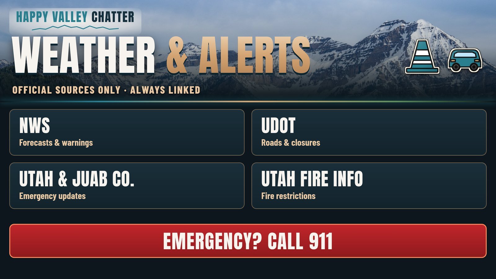 Weather and alerts: NWS, UDOT, county emergency, Utah Fire Info — emergency call 911